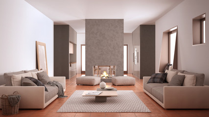 Cosy dove gray and beige living room with sofa, carpet, table and pouf, concrete modern fireplace and walls, kitchen with table, terracotta tile floors, contemporary interior design