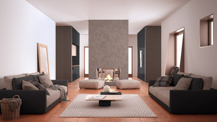 Cosy dark gray and beige living room with sofa, carpet, table and pouf, concrete modern fireplace and walls, kitchen with table, terracotta tile floors, contemporary interior design