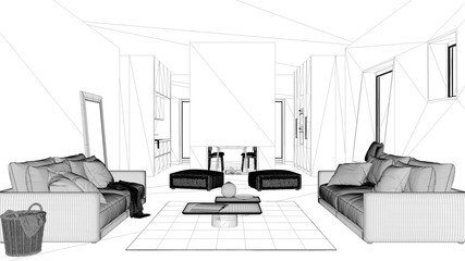 Blueprint project draft, cosy living room with sofa, carpet, table and pouf, modern fireplace and walls, kitchen with dining table and chairs, contemporary interior design