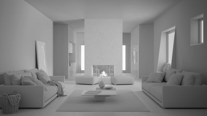 Total white project draft, cosy living room with sofa, carpet, table and pouf, modern fireplace and walls, kitchen with dining table and chairs, contemporary interior design