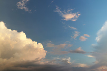 Clear blue sky with cumulus and cirrus clouds. Sunny weather. Joyful mood. High pressure. Clean air ecology. Water in a gaseous state. The source of rain and hail. Weather prediction