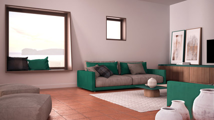 Cosy turquoise and beige living room with sofa and pillows, lounge, carpet, coffee table, pouf and decors, panoramic window, terracotta tile floors, contemporary interior design