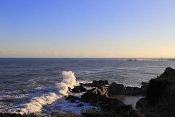 Aerial view from the lighthouse of Cape Inubo, Chiba, Japan. Copy space.
