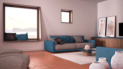 Cosy blue and beige living room with sofa and pillows, lounge, carpet, coffee table, pouf and decors, panoramic window, terracotta tile floors, contemporary interior design