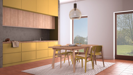 Cosy yellow and wooden kitchen with dining table and chairs, carpet and pendant lamp, panoramic windows, garden meadow, tree, terracotta tile floors, contemporary interior design