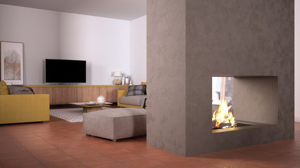 Cosy yellow and beige living room with sofa, carpet, table and pouf, concrete modern fireplace and walls, tv cabinet, terracotta tile floors, contemporary interior design