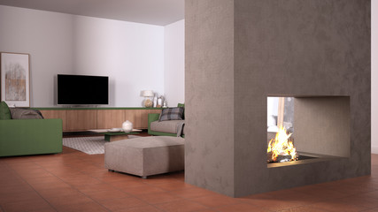 Cosy green and beige living room with sofa, carpet, table and pouf, concrete modern fireplace and walls, tv cabinet, terracotta tile floors, contemporary interior design