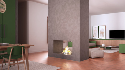 Fototapeta na wymiar Cosy green and beige living room with sofa, carpet, table and pouf, concrete modern fireplace, kitchen with dining table, terracotta tile floors, contemporary interior design