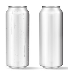 Realistic aluminum cans with water drops. Vector