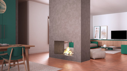 Cosy turquoise and beige living room with sofa, carpet, table and pouf, concrete modern fireplace, kitchen with dining table, terracotta tile floors, contemporary interior design