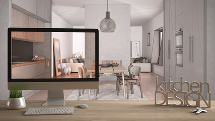 Architect designer project concept, wooden table with house keys, 3D letters words kitchen design and desktop showing draft, blueprint CAD sketch in the background, interior design