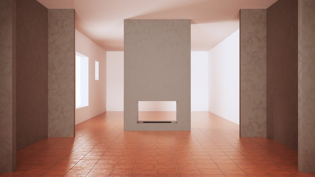 Empty room interior design, open space with white and concrete walls, terracotta tile floors, modern fireplace, cosy contemporary architecture, no people, mock-up with copy space