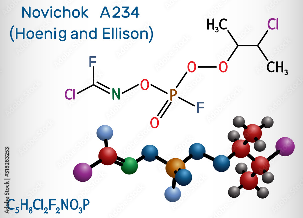 Sticker Novichok A-234 , organophosphate,  nerve agent, according to Hoenig and Ellison, C5H8Cl2F2NO3P molecule. Structural chemical formula and molecule model