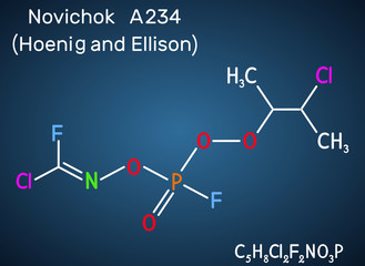 Novichok A-234 , organophosphate  nerve agent, according to Hoenig and Ellison, C5H8Cl2F2NO3P molecule. Structural chemical formula on the dark blue background