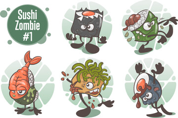 Sushi zombies. A set of fun cartoon characters. Vector illustration isolated on white background © GrumJum