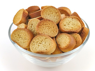 Crackers of dried white loaf or bread - bowl with croutons or dry toasts