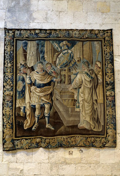  gallery of 17C Aubusson tapestries displayed in Saint-Trophime Cathedral show life of Godefroy de Bouillon in Jerusalem, Arles, France