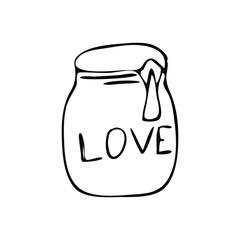 Hand drawn glass jar with word love. Simple vector illustration for design Valentines day or other occasion.