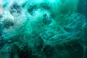 Green blue abstract exoplanet outer space vibrant sea. Waves, splashes and drops of water paint. Mysterious esoteric depths of the galactic ocean © amixstudio