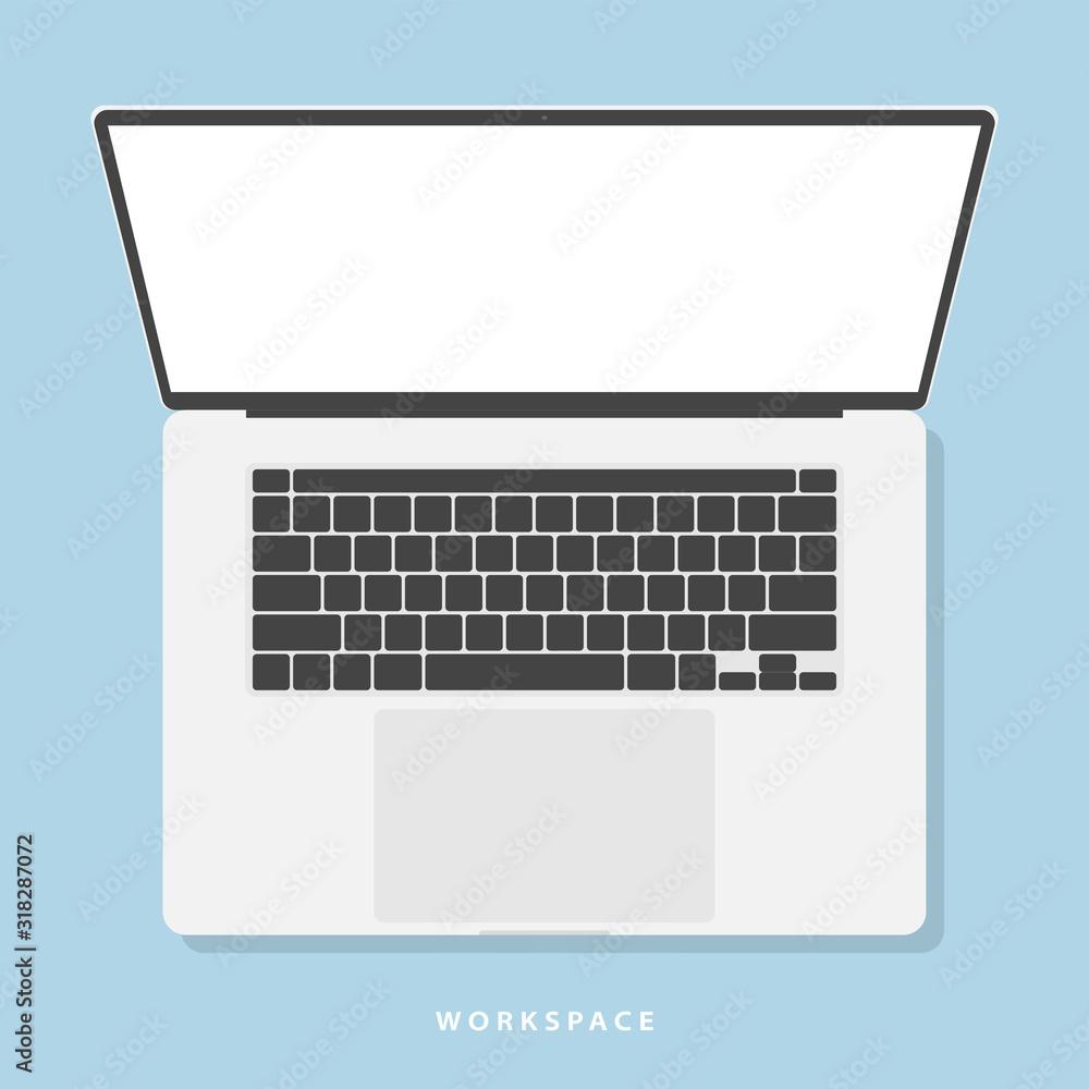 Poster laptop icon in flat style design with keyboard and touchpad top view with shadow on blue background.