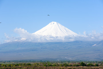 Naklejka premium Ararat - mountain to which Noah's ark moored after Global Flood. View from Khor Virap Monastery