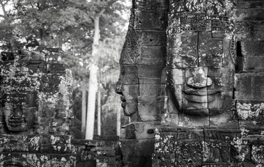 Black and white giant bayon temple god faces. Concept history document. 