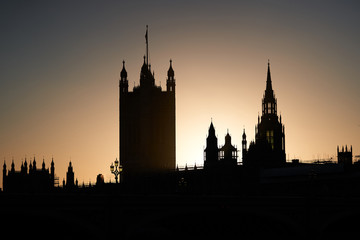 Fototapeta na wymiar Silhouette of Westminster abbey in London, Picture taken in sunny evening during the golden hour. One of the most famous world places in London, capital of Great Britain.