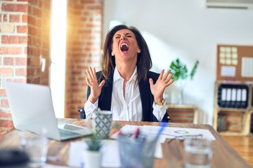 Middle age beautiful businesswoman working using laptop at the office crazy and mad shouting and yelling with aggressive expression and arms raised. Frustration concept.