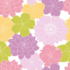 Purple green and yellow flowers garden seamless pattern background