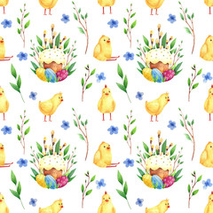Obraz na płótnie Canvas Happy easter background. Beautiful seamless pattern. Hand drawn watercolor elements. 