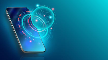 Mobile global internet communications. World wide web on phone via wireless satellite network technology. Smartphone digital connection at clouds services of all earth. Holographic abstract interface.