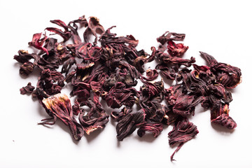 Hibiscus tea on a white isolated background close-up.