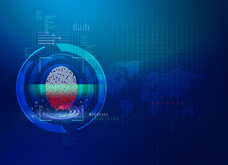 Finger print scan, bio metric security system, pad lock,  blue color, abstract technology background with world, binary code, map illustration