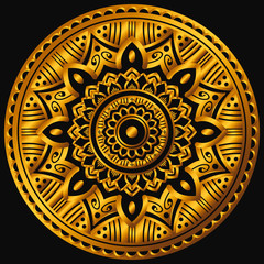 Golden mandala on a black background. Decorative round symbol, arabic motifs