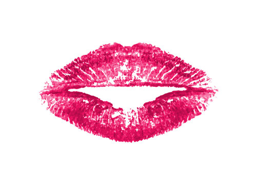 Realistic imprint lips. Lipstick red print isolated on white background. Imprint red pomade. Beautiful kiss for design. Pink lips makeup. Female mouth. Decorative element. Vector illustration 