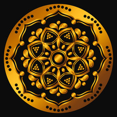 Golden mandala on a black background. Decorative round symbol, arabic motifs