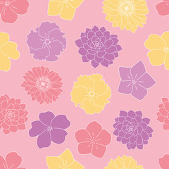 purple and yellow flowers lineart seamless pattern pink background