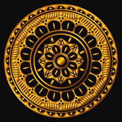 Golden mandala on a black background. Decorative round symbol, arabic motifs