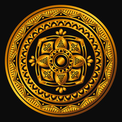 Golden mandala on a black background. Decorative round symbol, arabic motifs