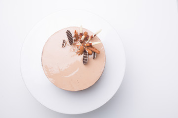 details of tasty conceptual chocolate cake on white plate