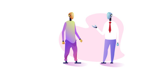 robotic businessmen couple discussing during meeting artificial intelligence technology concept two robots standing together full length horizontal vector illustration