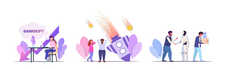 set mix race businesspeople frustrated about financial crisis startup failure bankrupt investment risk concepts collection full length horizontal vector illustration
