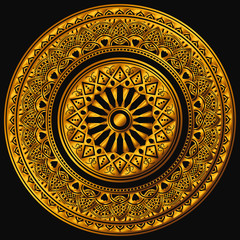 Golden mandala on a black background. Decorative round symbol, arabic motifs