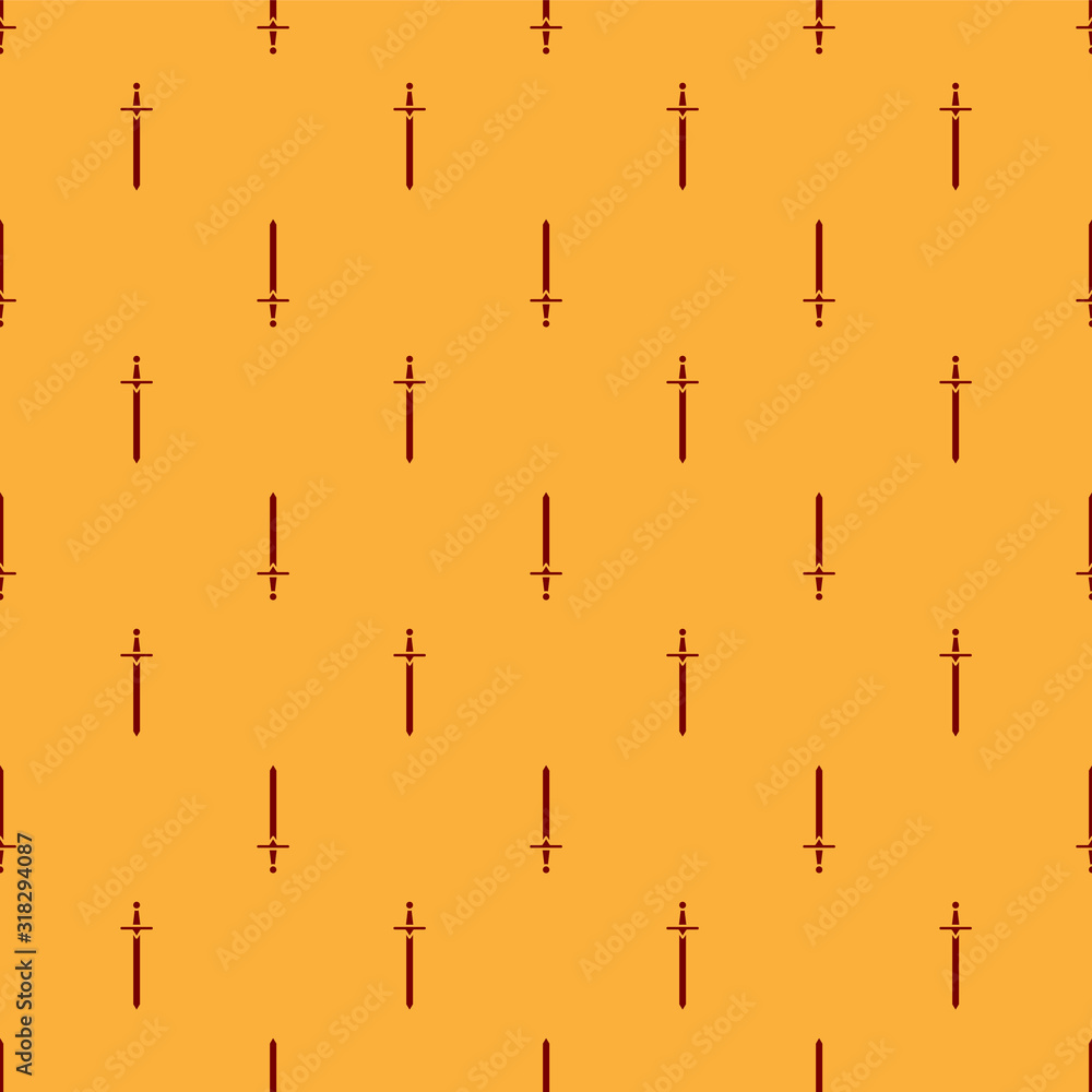 Poster red medieval sword icon isolated seamless pattern on brown background. medieval weapon. vector illus