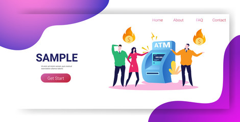 sad businesspeople near ATM machine with flaming dollar symbol financial crisis transaction denied locked bank credit card bankruptcy concept horizontal full length copy space vector illustration