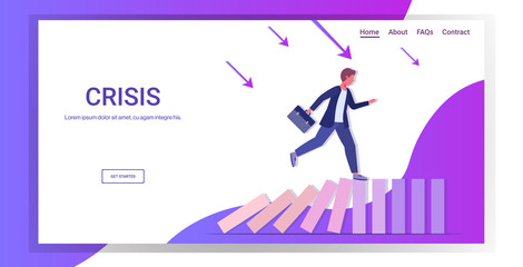 businessman running on falling dominos solving problem domino effect crisis management chain reaction finance intervention concept horizontal full length copy space vector illustration