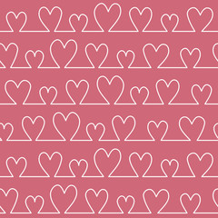 Seamless pattern with Simple heart-shaped lines. Line art on the theme of love, weddings and Valentine's Day. White contours of hand-drawn hearts on a pink background. 