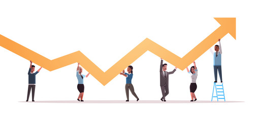 businesspeople holding upward financial arrow up teamwork successful business development growth concept mix race employees correcting direction of graphic horizontal full length vector illustration