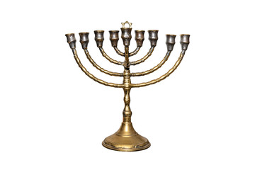 A Jewish nine-pointed candlestick with the star of David, used during the Hanukkah festival, isolated on a white background with a clipping path.