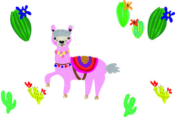 pink llama, cacti, against the background of musical notes